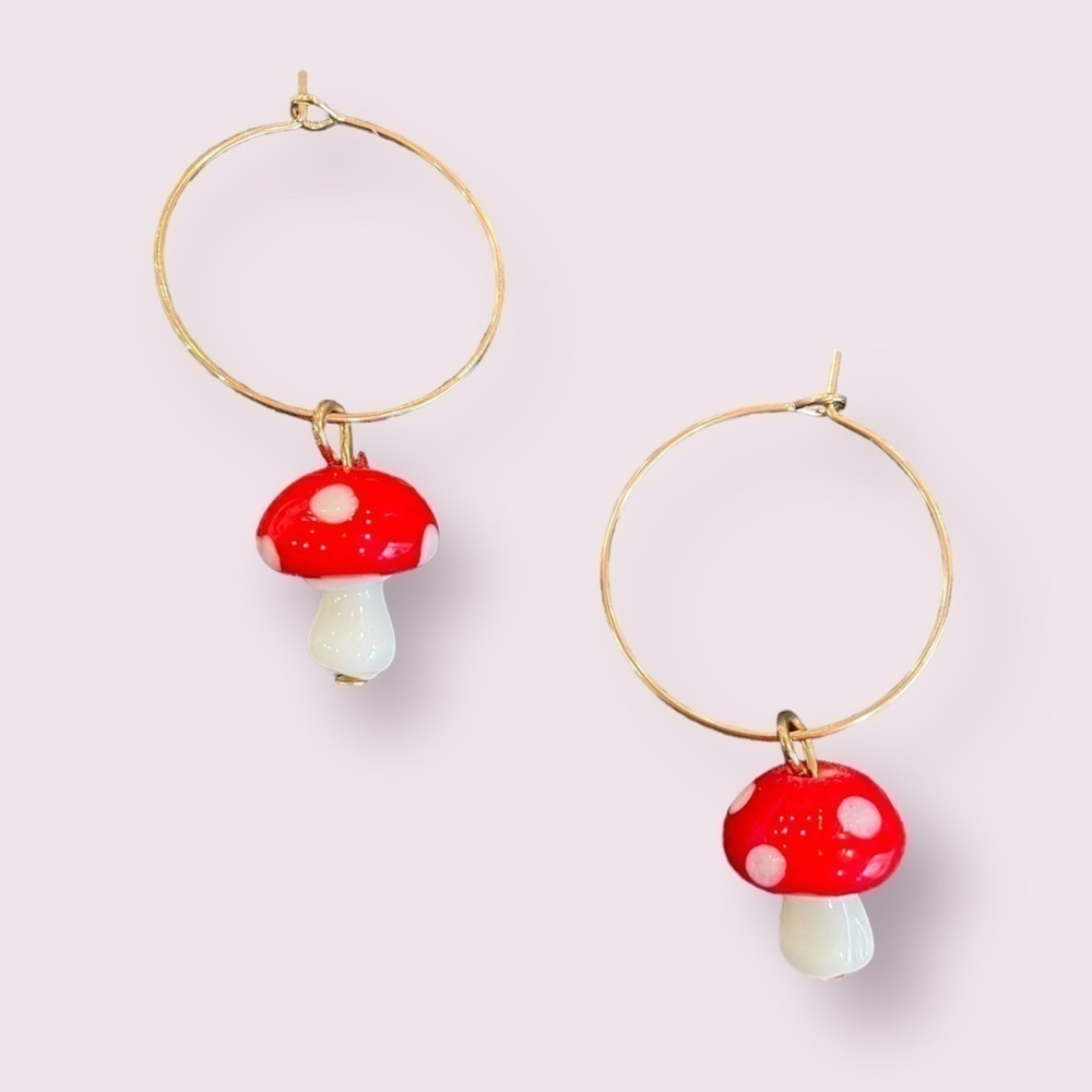 New Resin Mushroom Gold Color Hoop Dangle Lightweight Pendant Earrings Funny